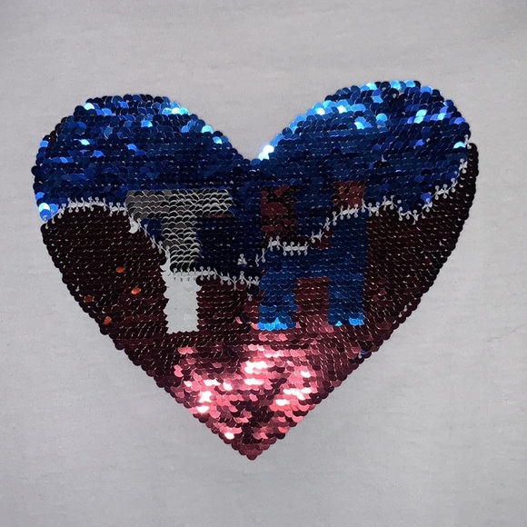 Tommy Hilfiger Sequin Heart TH White Short Sleeve T Shirt size Large Girls - Picture 3 of 7